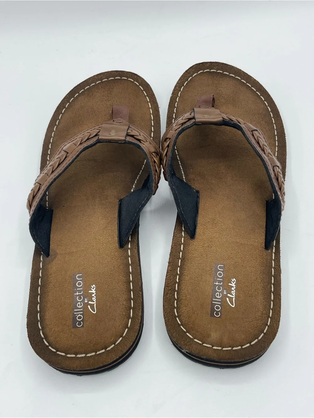Clarks Collection Women’s Brown Braided Leather Toe-Post Sandals.